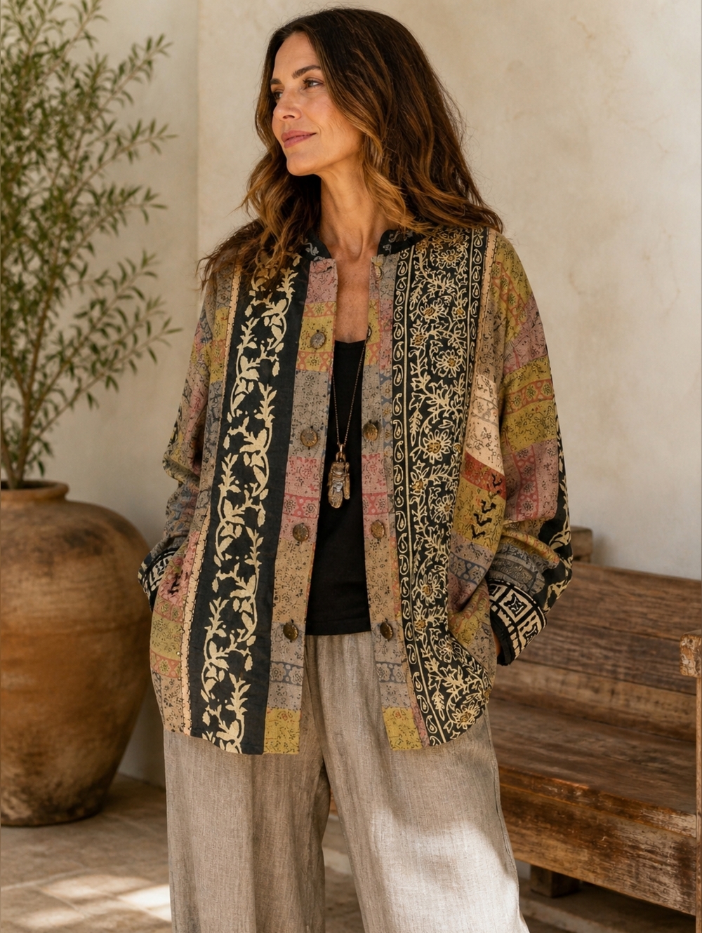 Coldwater Creek Sz XL Art-to-Wear Silk Boho Patchwork Blazer Jacket Eclectic
